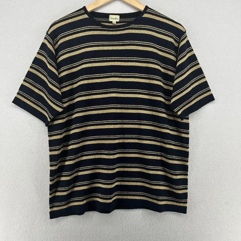 VIYELLA Sweater Womens L Wool Blend Metallic Striped Short Sleeve Black Gold
